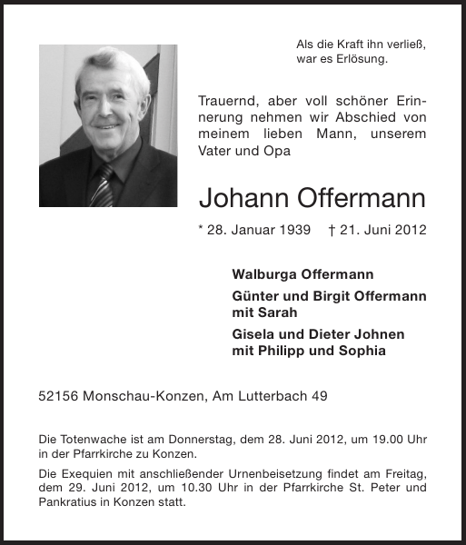 Johann Offermann : Traueranzeige : Super Sonntag / Super ...