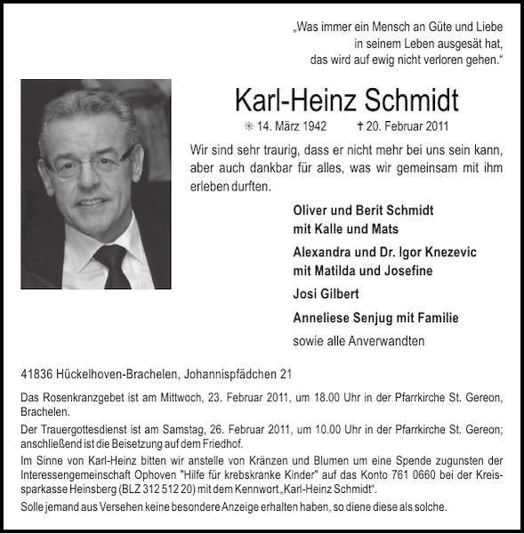 Karl-Heinz Schmidt : Traueranzeige : Aachener Zeitung ...