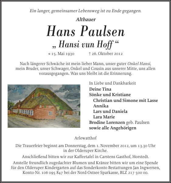 HansHermann Paulsen Traueranzeige Husumer Nachrichten