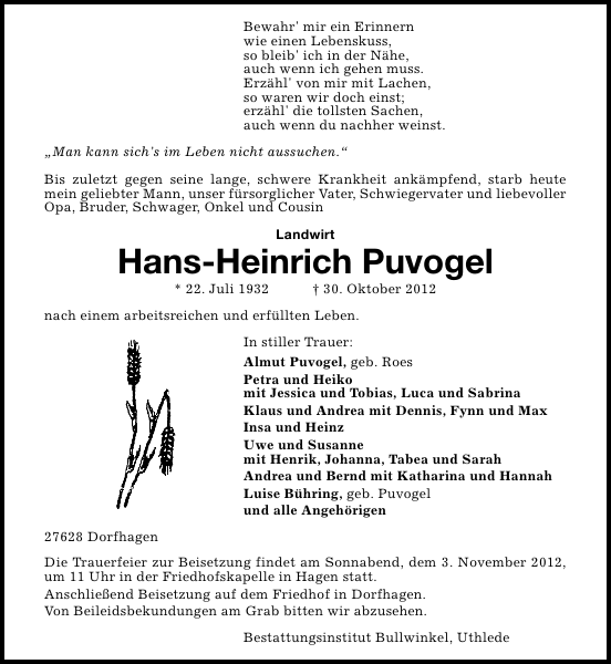 HansHeinrich Puvogel Gedenken NordseeZeitung