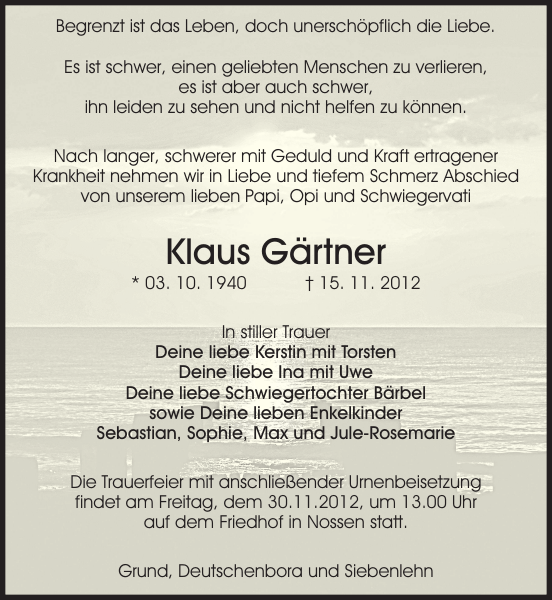 Klaus Gärtner Traueranzeige Sächsische Zeitung