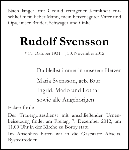 Rudolf Svensson Traueranzeige Eckernförder Zeitung