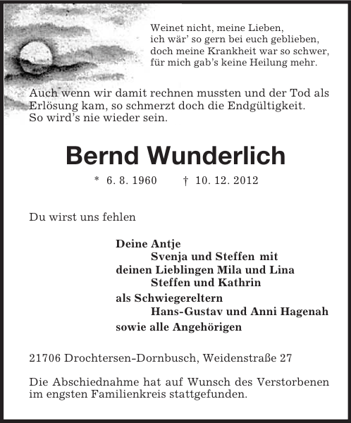Bernd Wunderlich Traueranzeige Stader Tageblatt