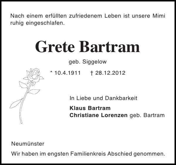 Grete Bartram Fallecimiento Holsteinischer Courier