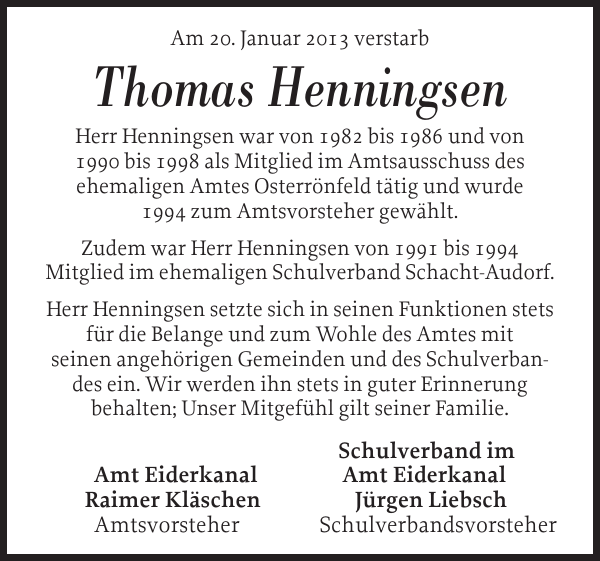Thomas Henningsen : Gedenken : Landeszeitung