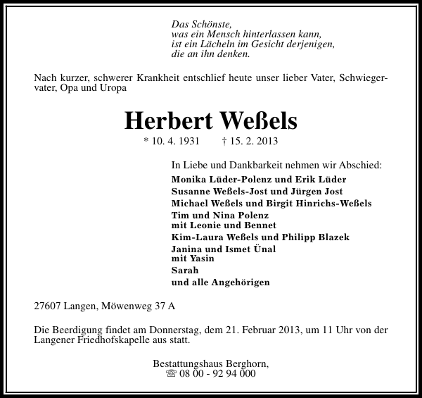 Herbert Weßels Gedenken NordseeZeitung