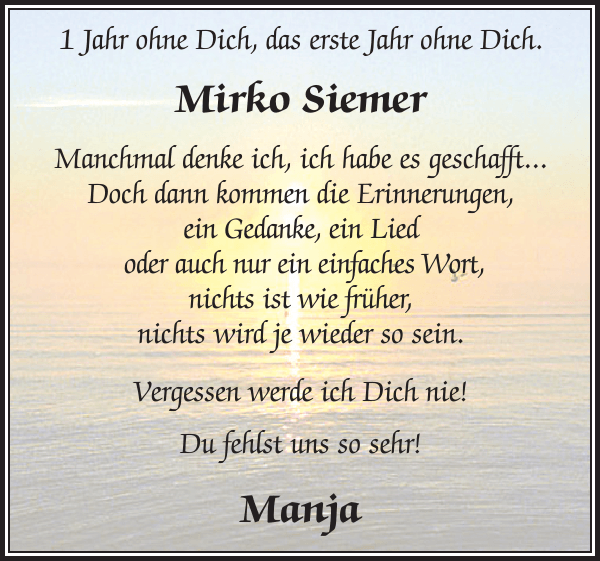 Mirko Siemer Manja Traueranzeige Ludwigsluster Tageblatt