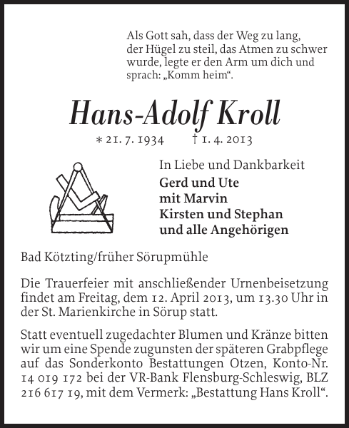 Adolf Kroll : Gedenken : Flensburger Tageblatt