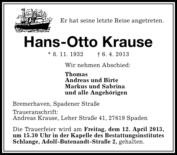 Hans-Otto Krause: Gedenken : Nordsee-Zeitung