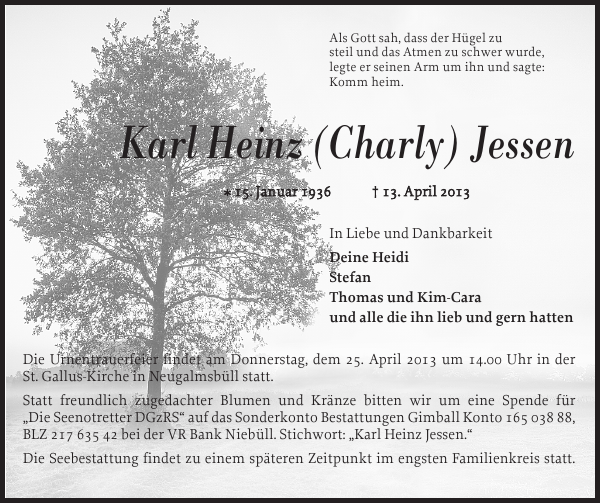 Karl Heinz Charly Jessen Fallecimiento Nordfriesland Tageblatt