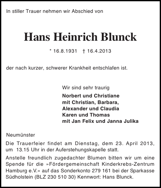 Hans Heinrich Blunck Hans Heinrich Blunck Traueranzeige
