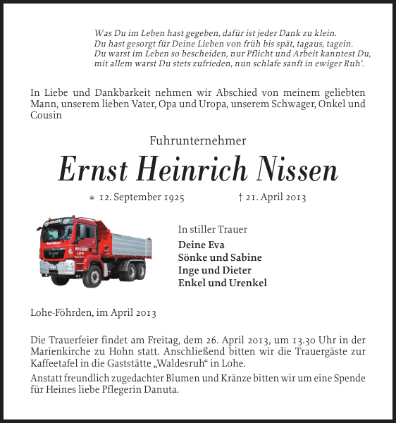 Ernst Heinrich Nissen Gedenken Landeszeitung