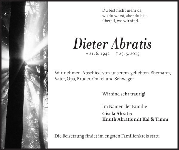 Dieter Abratis Traueranzeige Landeszeitung