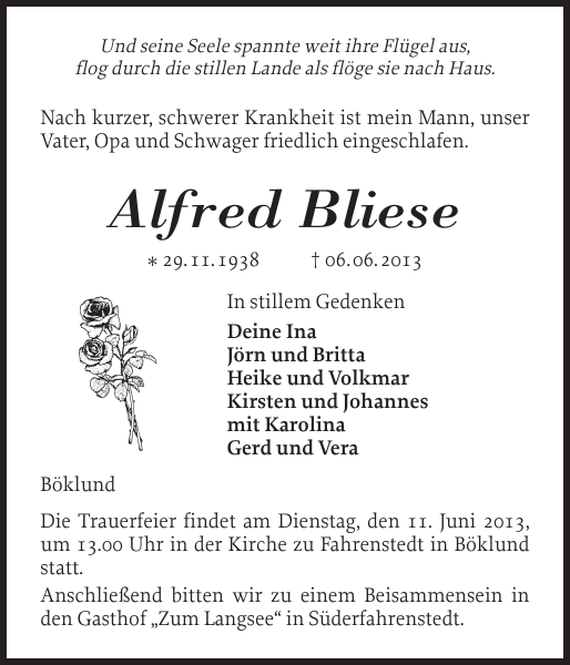 Alfred Bliese Traueranzeige Schleswiger Nachrichten