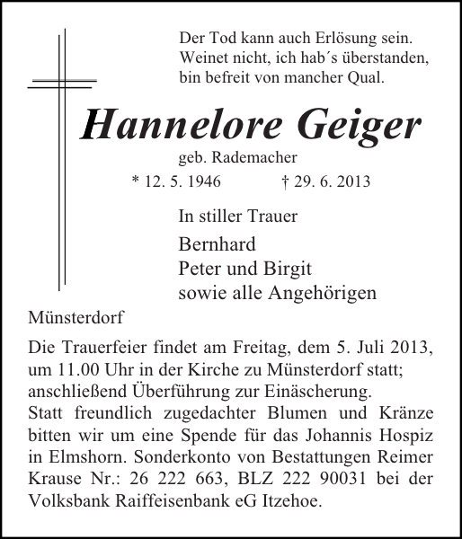 Hannelore Geiger : Gedenken : Norddeutsche Rundschau