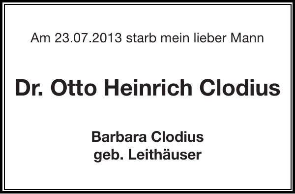 Dr. OttoHeinrich Clodius Traueranzeige Stormarner Tageblatt