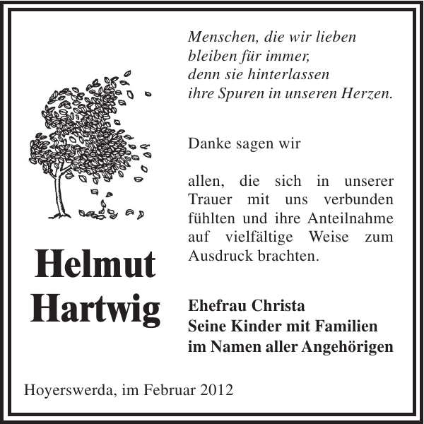 Helmut Hartwig Traueranzeige Wochen Kurier