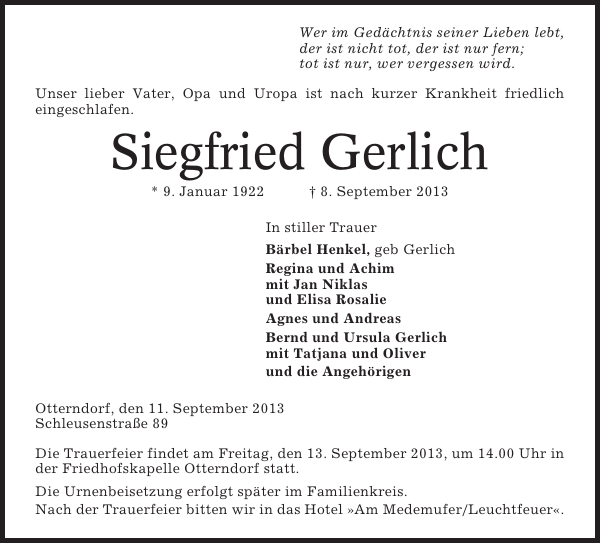 Siegfried Gerlich Traueranzeige Cuxhavener Nachrichten