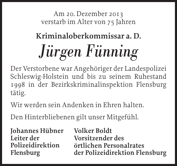 Jürgen Fünning Gedenken Flensburger Tageblatt