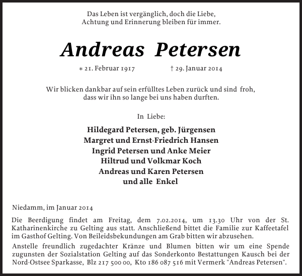 Andreas Petersen Traueranzeige Flensburger Tageblatt