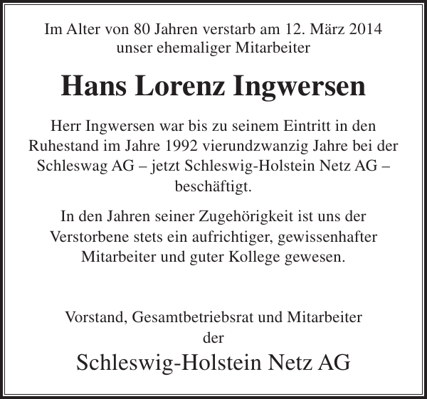 Hans Lorenz Ingwersen Gedenken Nordfriesland Tageblatt