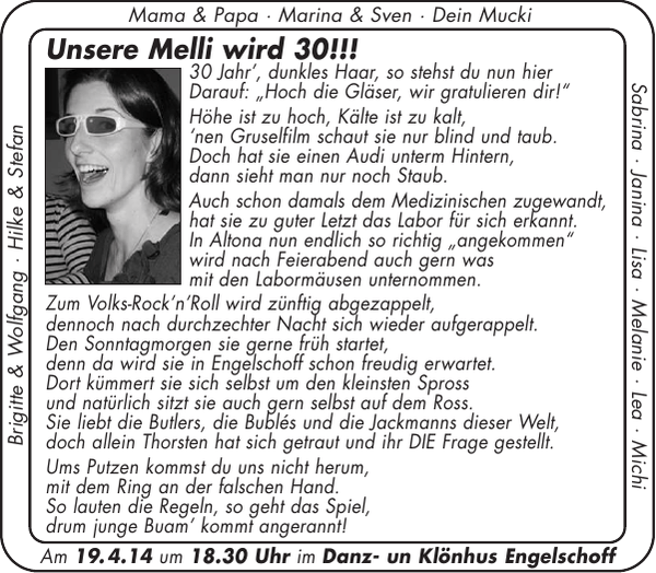 Geburtstagsanzeige 30ter Geburtstag Stader Tageblatt