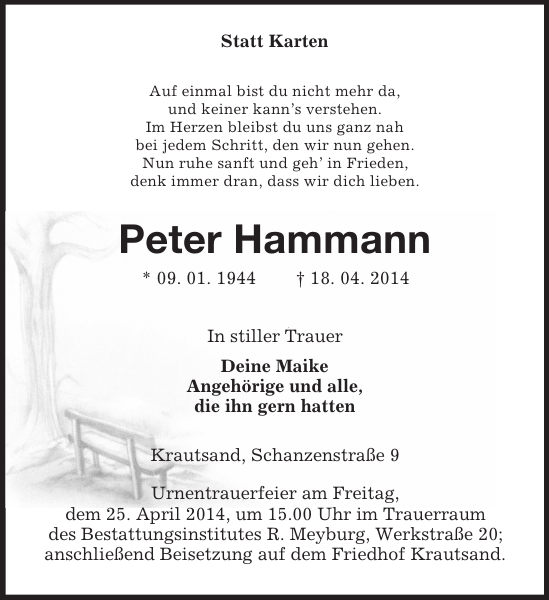 Peter Hammann Traueranzeige Stader Tageblatt