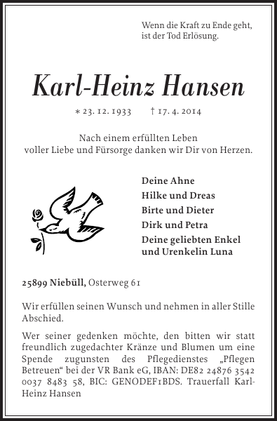 KarlHeinz Hansen Traueranzeige Nordfriesland Tageblatt