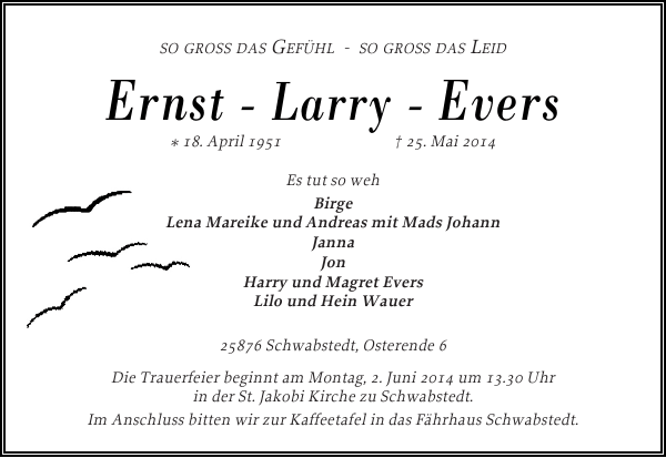 Ernst Evers Traueranzeige Flensburger Tageblatt