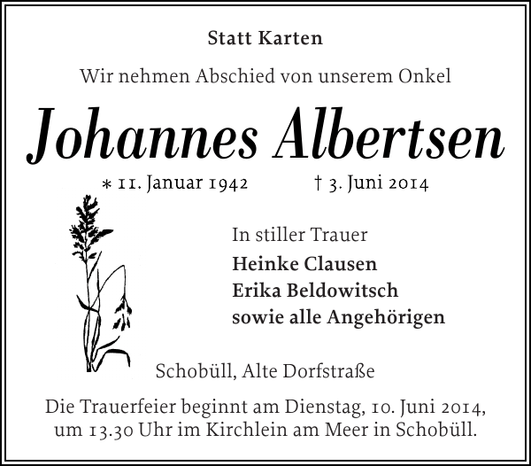 Johannes Albertsen : Traueranzeige : Husumer Nachrichten