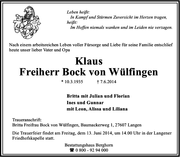 Klaus Freiherr Bock von Wülfingen Gedenken NordseeZeitung