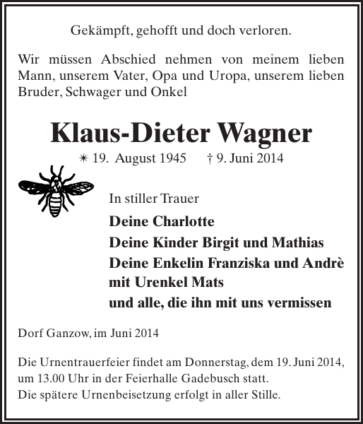 Klaus-Dieter Wagner : Traueranzeige : Gadebusch-Rehnaer ...