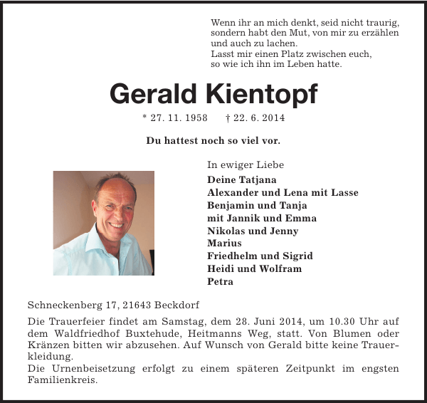 Gerald Kientopf Traueranzeige Stader Tageblatt