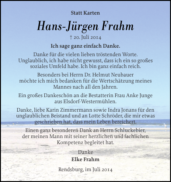 HansJürgen Frahm Traueranzeige Landeszeitung