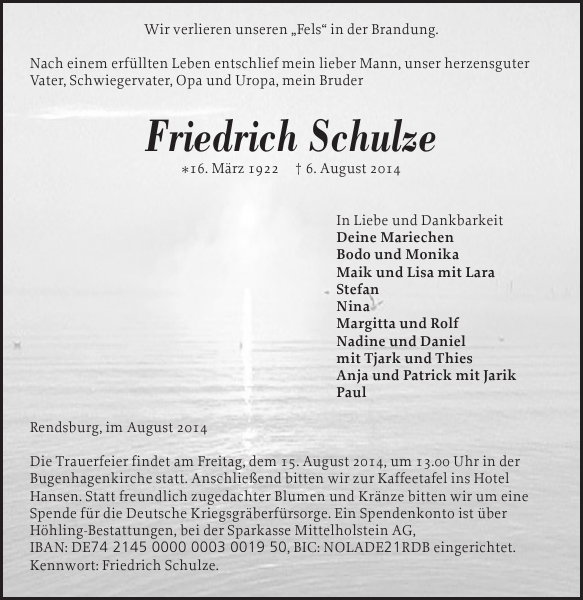 Friedrich Schulze Traueranzeige Landeszeitung