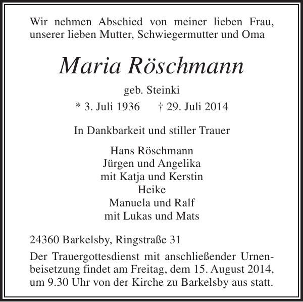 Maria Röschmann Gedenken Eckernförder Zeitung