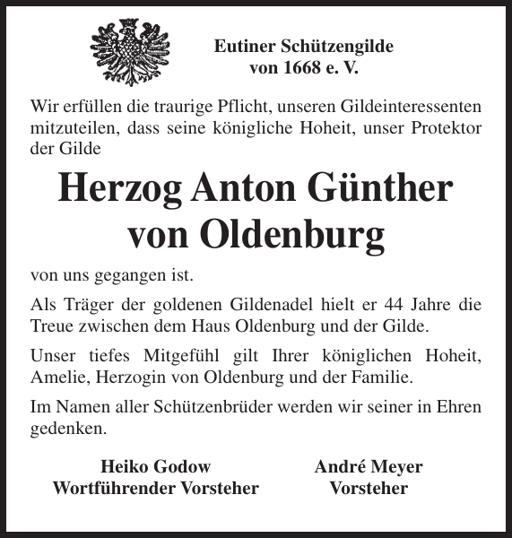 Herzog Anton Günther von Oldenburg Gedenken Ostholsteiner Anzeiger