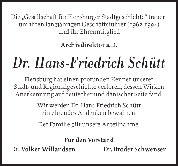 Dr. HansFriedrich Schütt Gedenken Flensburger Tageblatt