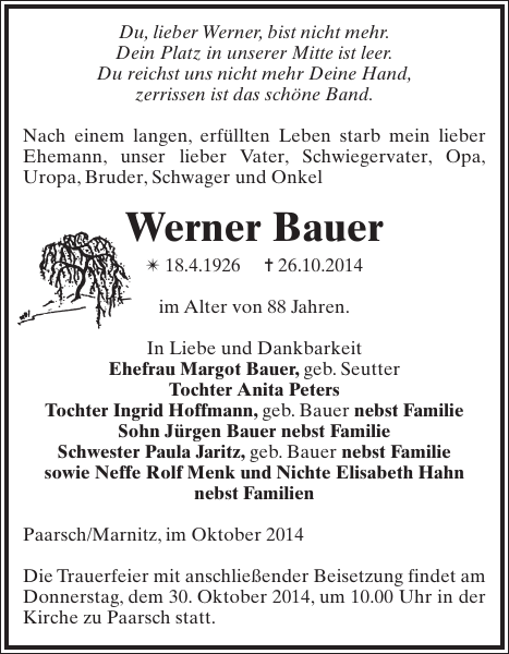 Werner Bauer : Traueranzeige : Parchimer Zeitung