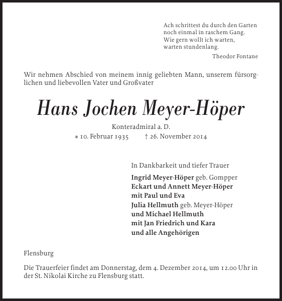 Hans Jochen MeyerHöper Traueranzeige Flensburger Tageblatt