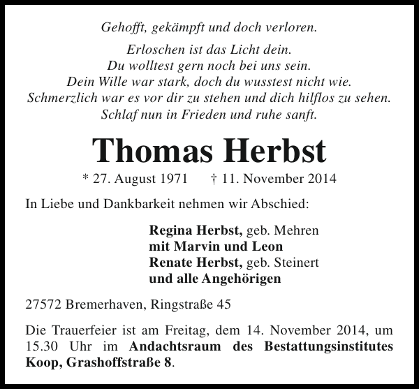 Thomas Herbst Traueranzeige NordseeZeitung