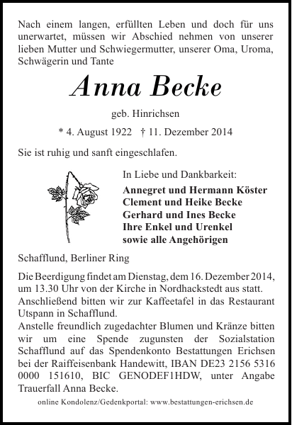 Anna Becke : Traueranzeige : Flensburger Tageblatt