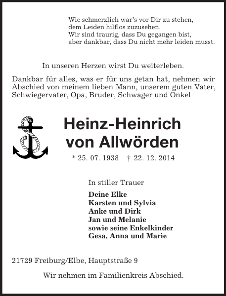 HeinzHeinrich von Allwörden Traueranzeige Stader Tageblatt