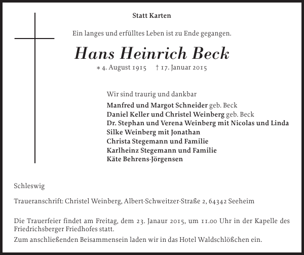 Hans Heinrich Beck Gedenken Schleswiger Nachrichten