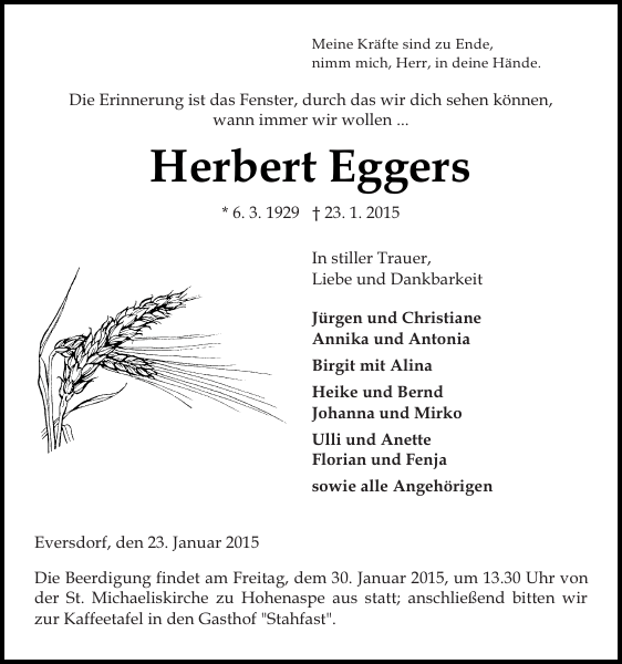 Herbert Eggers Traueranzeige Norddeutsche Rundschau