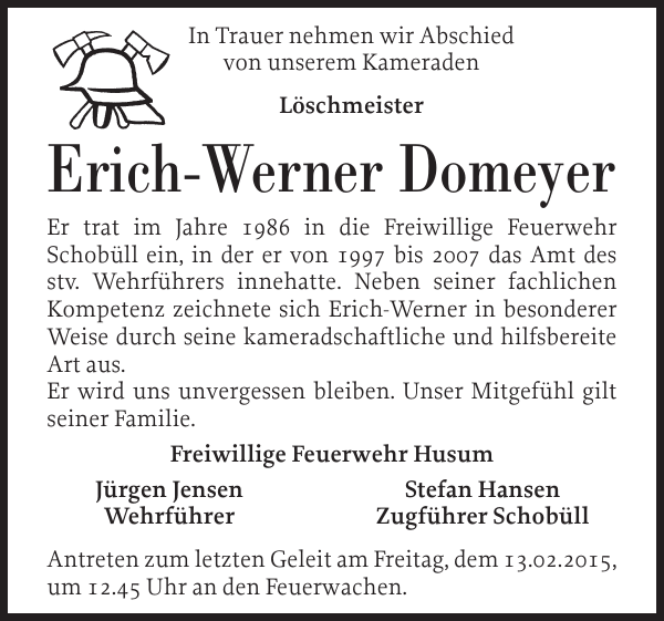 Erich-Werner Domeyer : Gedenken : Husumer Nachrichten
