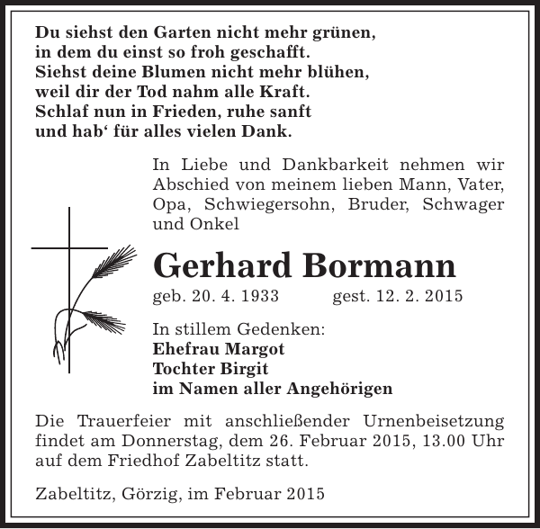 Gerhard Bormann Traueranzeige Sächsische Zeitung