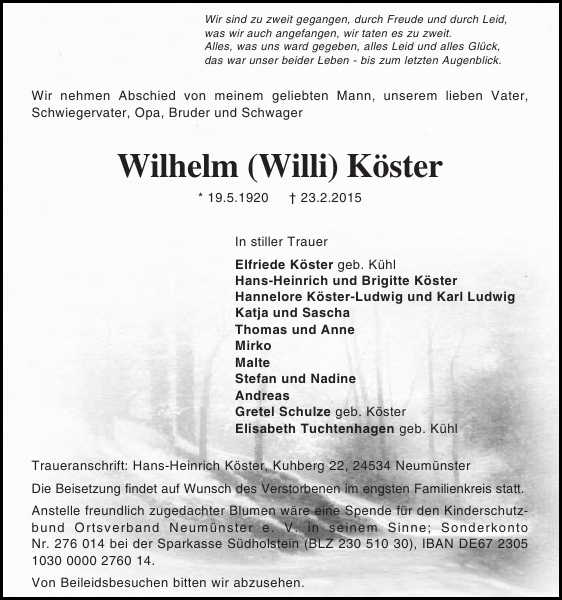 Wilhelm Willi Köster Traueranzeige Holsteinischer Courier