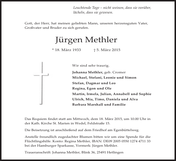Jürgen Methler Traueranzeige Pinneberger Tageblatt