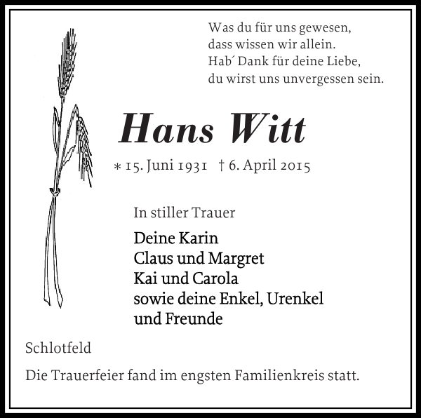 Hans Witt Traueranzeige Norddeutsche Rundschau
